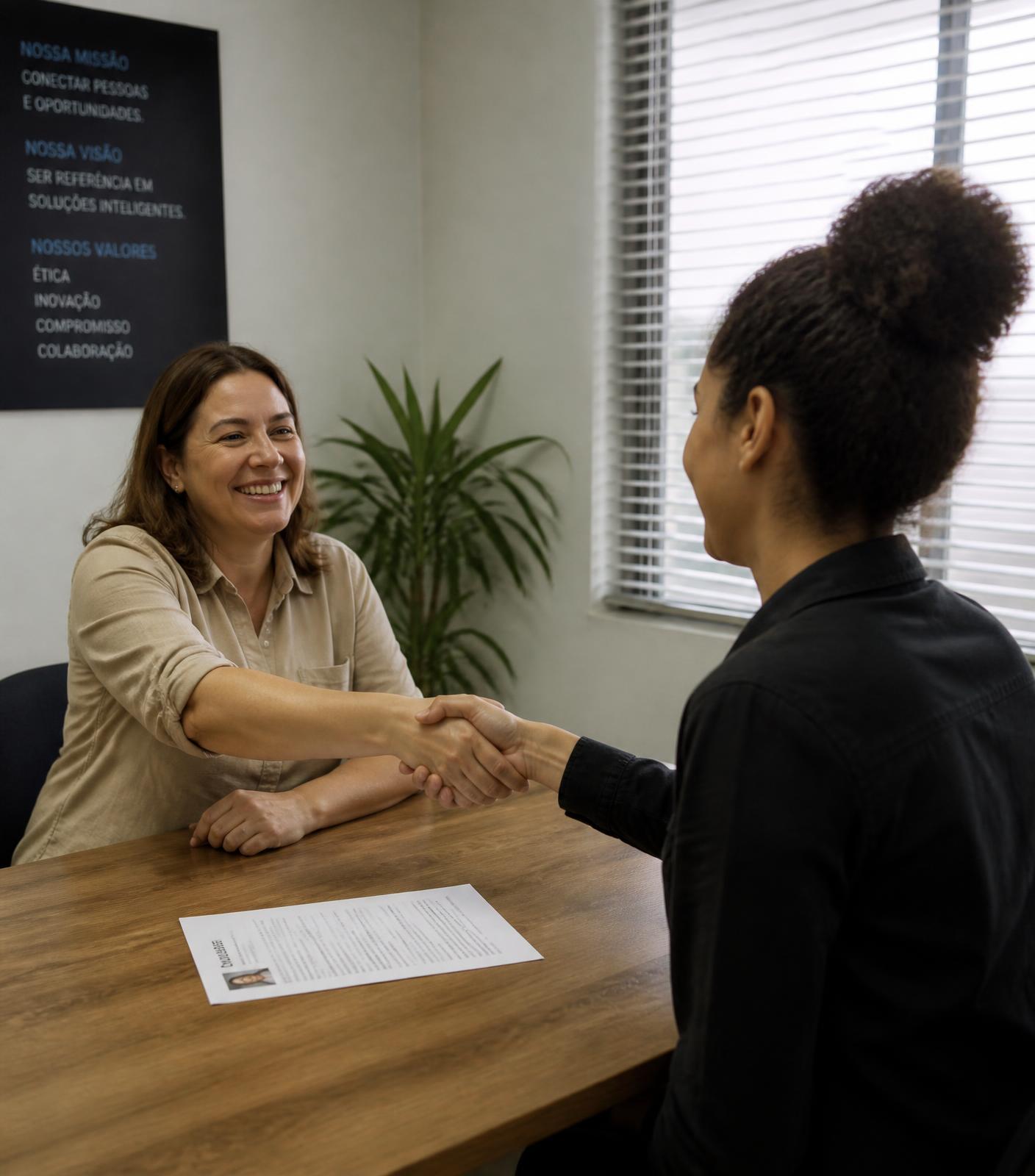 Recrutadora cumprimentando uma candidata durante entrevista presencial