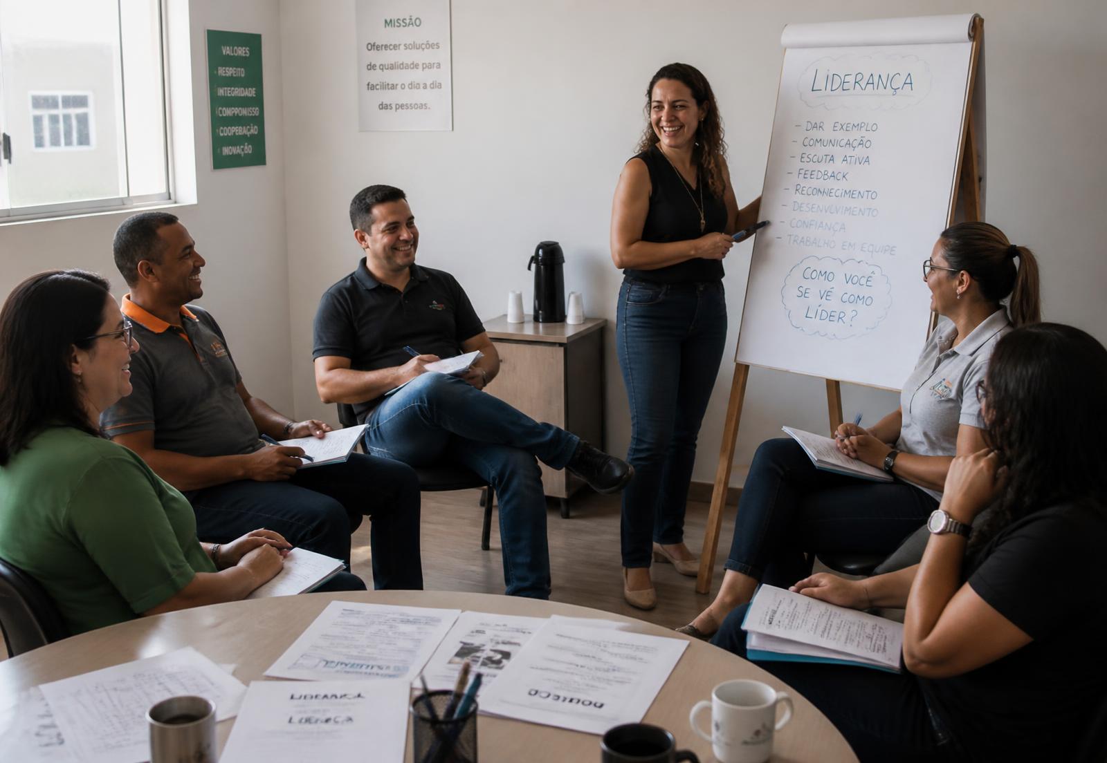 Equipe reunida em treinamento de liderança dentro da empresa